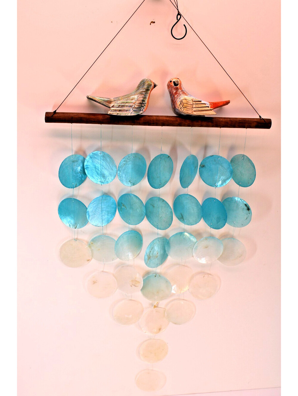 Handing Windchimes w Ceramic Lovebirds & White/Blue Cascading Capiz Shell Discs